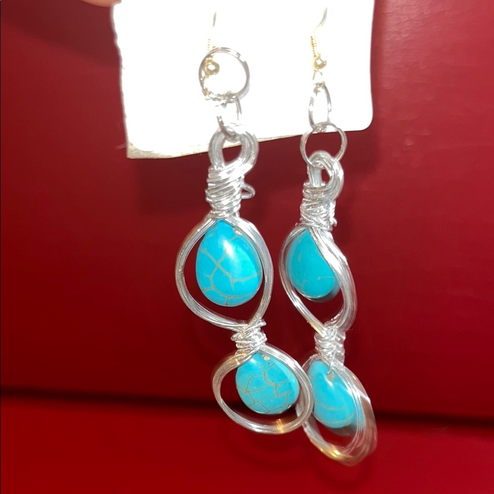 Silver and Blue Wire Wrapped Earrings